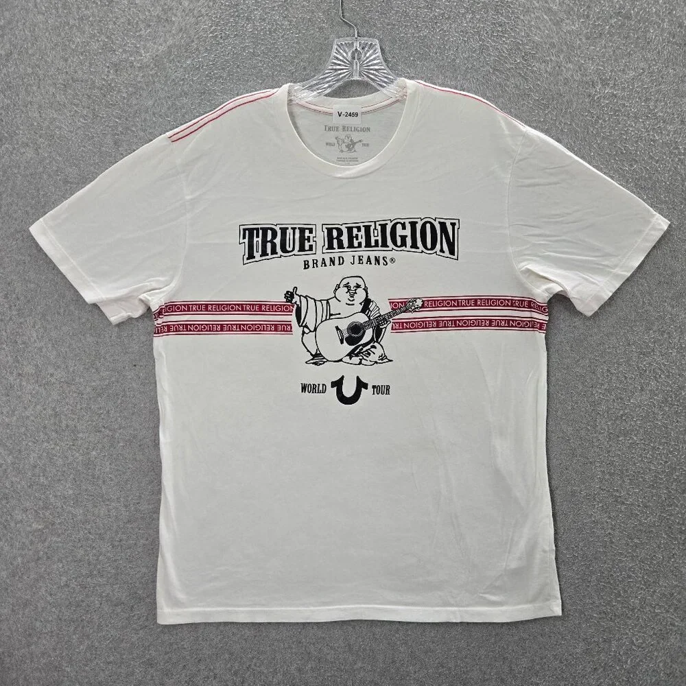 True Religion Men Shirt Large White Striped Logo Graphic Print‎ Short Sleeve Tee
